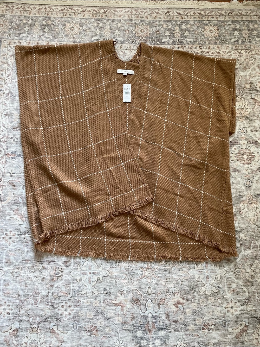LOFT Brown Plaid Fringe Poncho Top
